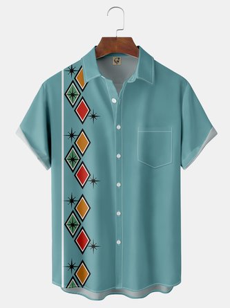 Mid Century Pattern Chest Pocket Short Sleeve Bowling Shirt
