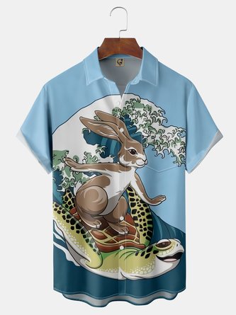 Ukiyo-e Rabbit Chest Pocket Short Sleeve Casual Shirt