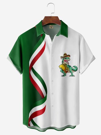 Cinco de Mayo Creative Dinosaur Chest Pocket Short Sleeve Bowling Shirt