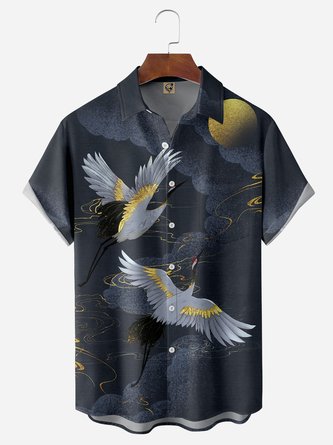 Japanese Art Ukiyoe Crane Chest Pocket Short Sleeve Casual Shirt