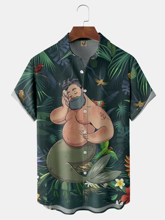 Mermaid Floral Chest Pocket Short Sleeve Hawaiian Shirt