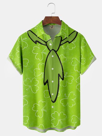 St. Patrick's Day Bow Tie Clover Chest Pocket Short Sleeve Shirt