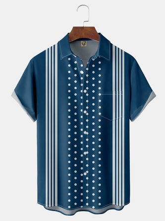 Striped Polka Dot Chest Pocket Short Sleeve Bowling Shirt