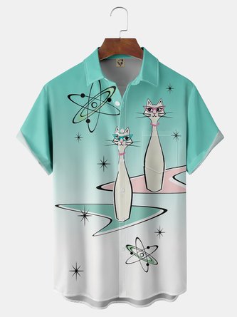 Mid Century Geometric Cat Chest Pocket Short Sleeve Shirt