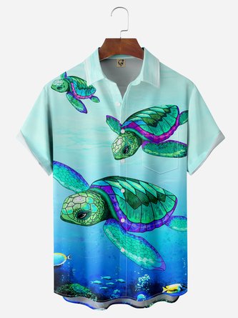 Sea Turtle Chest Pocket Short Sleeve Hawaiian Shirt