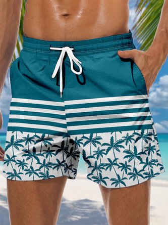Striped Coconut Tree Drawstring Beach Shorts