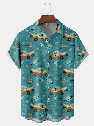 Geometric Cat Chest Pocket Short Sleeve Lounge Shirt