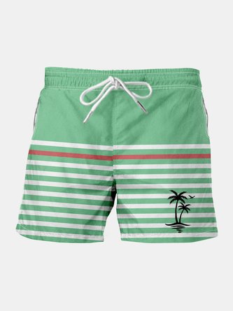Striped Coconut Tree Drawstring Beach Shorts