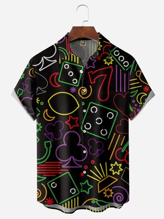 Geometric Playing Cards Chest Pocket Short Sleeve Casual Shirt