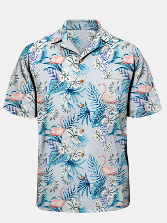 Hawaiian Floral Flamingo Chest Pocket Short Sleeve Resort Shirt