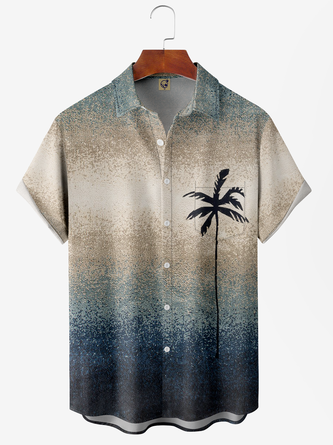 Big Size Gradient Texture Coconut Tree Chest Pocket Short Sleeve Casual Shirt