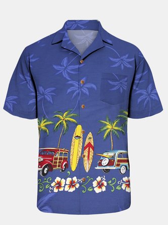 Coconut Tree Car Chest Pocket Short Sleeve Resort Shirt