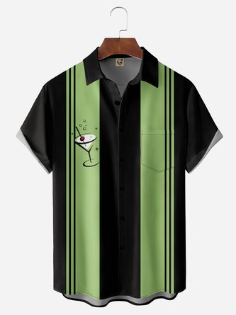 Geometric Wine Glasses Chest Pocket Short Sleeve Bowling Shirt