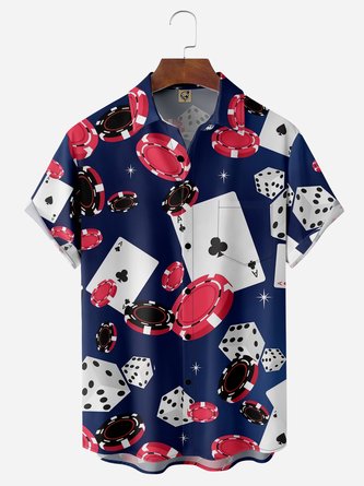 Playing Cards Chest Pocket Short Sleeve Casual Shirt