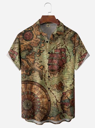 Map Sailboat Chest Pocket Short Sleeve Hawaiian Shirt