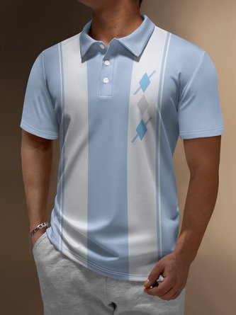 Geometric Color Block Button Short Sleeve Bowling Polo Shirt