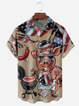 BBQ Pig Cooker Chest Pocket Short Sleeve Casual Shirt