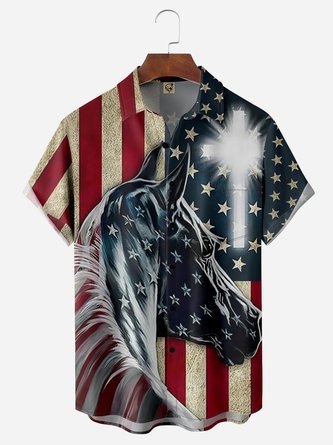 American Flag Horse Chest Pocket Short Sleeve Casual Shirt