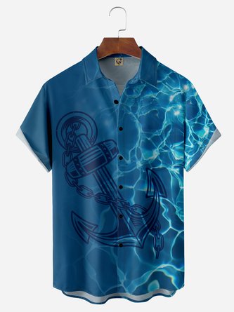Seawater Anchor Chest Pocket Short Sleeve Hawaiian Shirt