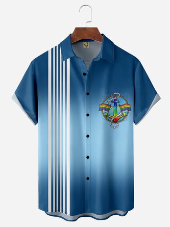 Anchor Stripe Gradient Chest Pocket Short Sleeves Bowling Shirt