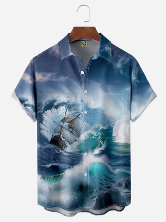 Ocean Sailing Boat Chest Pocket Short Sleeve Hawaiian Shirt
