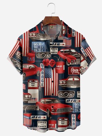 Flag Cars Chest Pockets Short Sleeves Casual Shirts