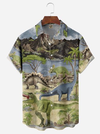 Dinosaurs Chest Pocket Short Sleeve Casual Shirt