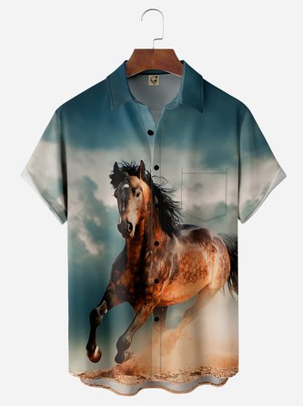 Western Horse Chest Pocket Short Sleeve Casual Shirt
