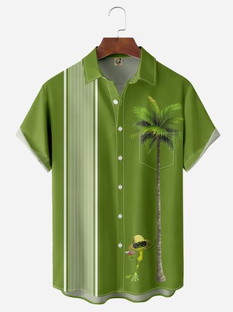 Coconut Tree Frog Chest Pocket Short Sleeve Bowling Shirt