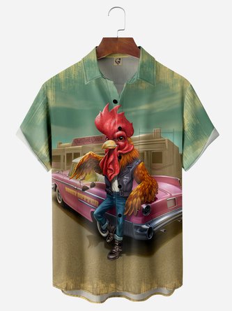 Vintage Car Chicken Chest Pocket Short Sleeve Hawaiian Shirt