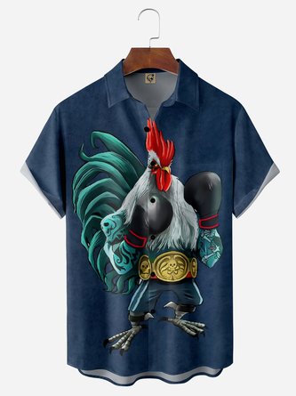 Boxing Rooster Chest Pocket Short Sleeve Casual Shirt