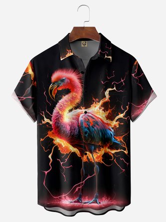 Flamingo Chest Pocket Short Sleeve Casual Hawaiian Shirt
