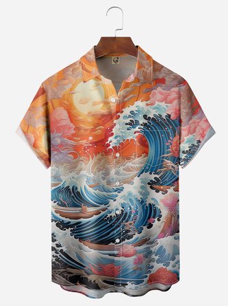 Ukiyo-e Wave Chest Pocket Short Sleeve Shirt