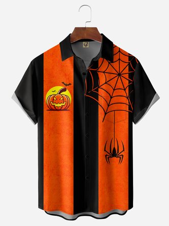 Halloween Pumpkin Spider Chest Pocket Short Sleeve Casual Shirt