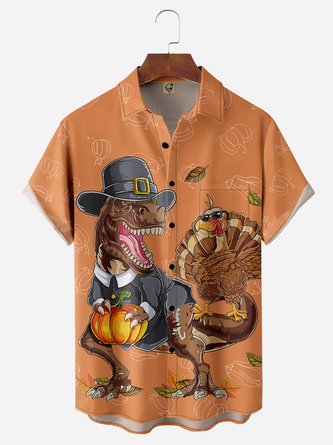 Thanksgiving Dinosaur Turkey Chest Pocket Short Sleeve Shirt