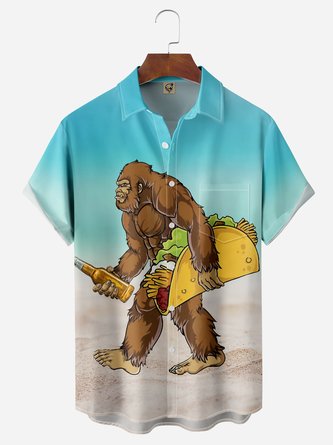 Gorilla Carrying Taco And Beer Chest Pocket Short Sleeve Casual Shirt