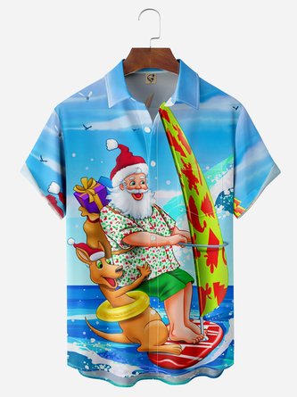 Santa Claus Surf Chest Pocket Short Sleeve Hawaiian Shirt