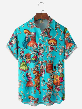 Day of The Dead Skeleton Chest Pocket Short Sleeve Casual Shirt