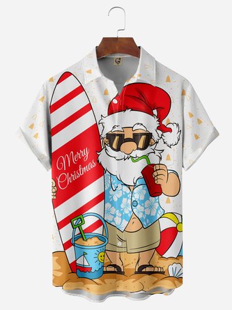 Christmas Santa Surfing Chest Pocket Short Sleeve Hawaiian Shirt