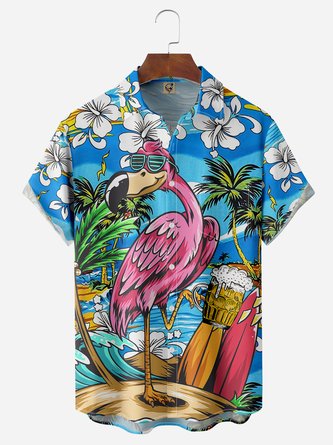 Flamingo Drinking Beer Chest Pocket Short Sleeve Hawaiian Shirt