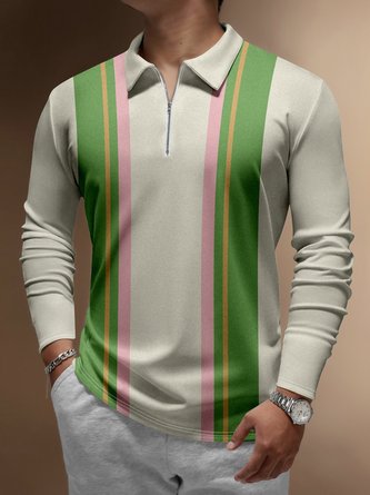 Color Block Zip Long Sleeves Casual Bowling Polo Shirt