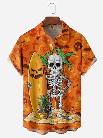 Halloween Skull Surfing Chest Pocket Short Sleeve Shirt