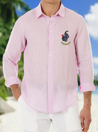 Cotton Rooster Print Long Sleeve Casual Shirt