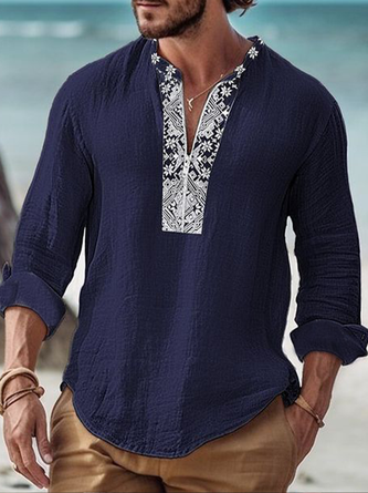 Paneled Ethnic Pattern Long Sleeves Casual Shirt