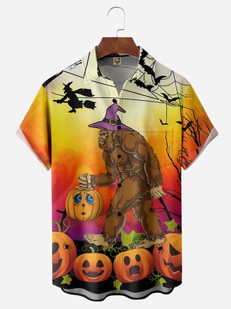 Halloween Bigfoot Chest Pocket Short Sleeve Casual Shirt