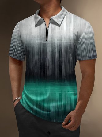 Abstract Striped Zip Short Sleeve Casual Polo Shirt