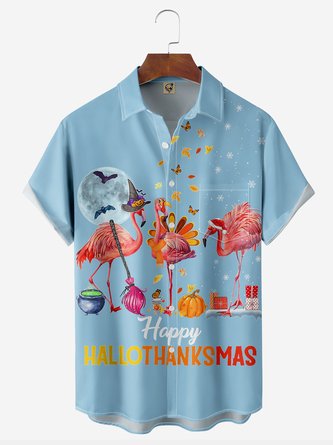 Christmas Flamingo Chest Pocket Short Sleeve Hawaiian Shirt