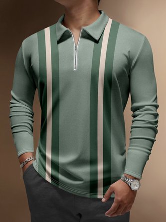 Striped Zip Long Sleeve Bowling Polo Shirt
