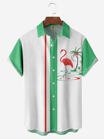 Flamingo Coconut Tree Chest Pocket Short Sleeve Bowling Shirt