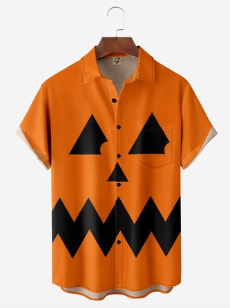 Halloween Pumpkin Face Chest Pocket Short Sleeve Casual Shirt